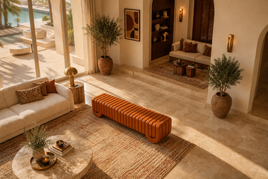 TERRA STRATA BENCH XXII stone, overhead view in a room setting