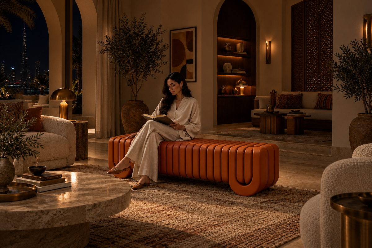 TERRA STRATA BENCH XXII stone, in a room setting under evening light