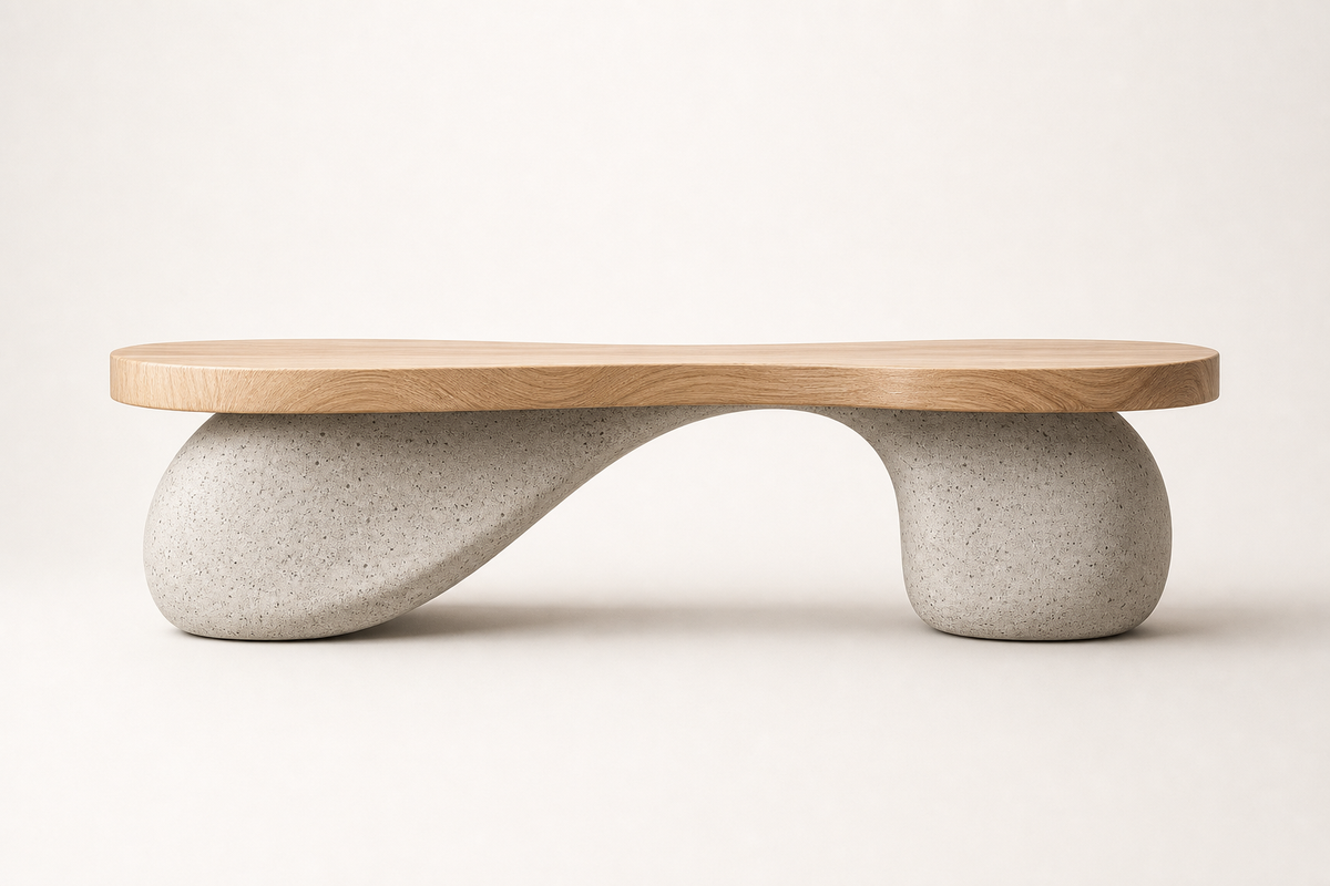 TerraFlow Wood & Stone Bench, studio view of the whole piece