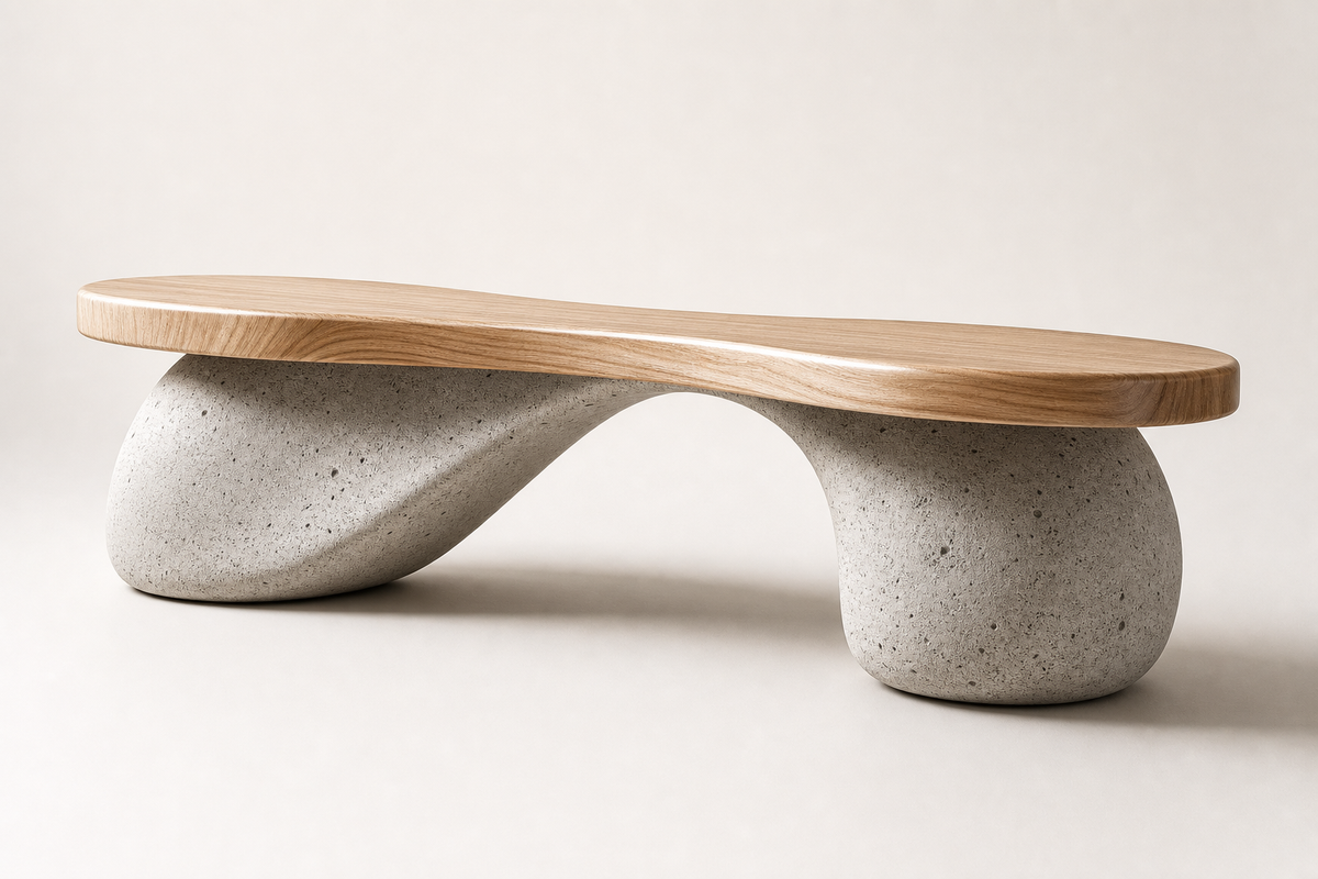 TerraFlow Wood & Stone Bench, three-quarter studio view showing its profile