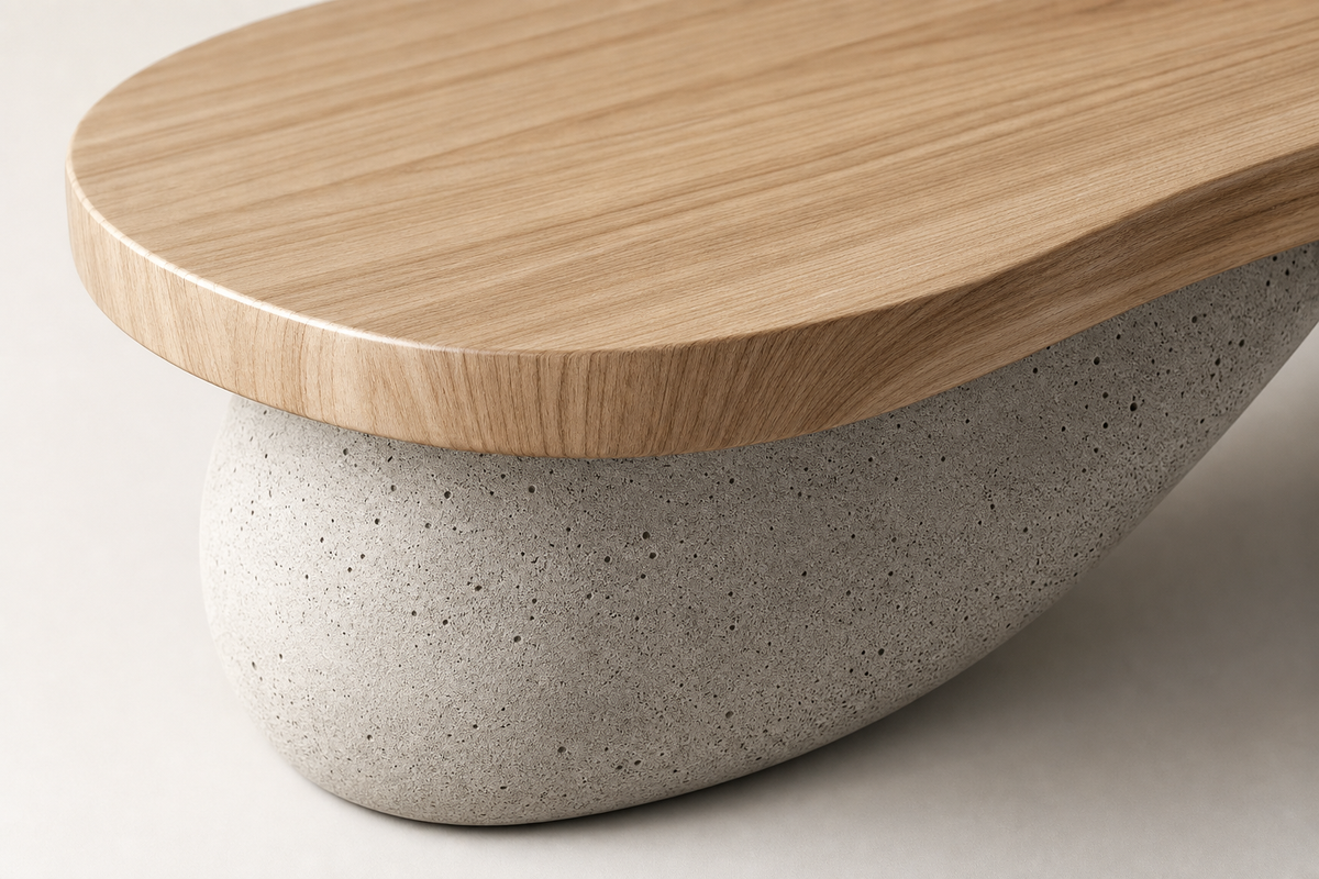 TerraFlow Wood & Stone Bench, close studio detail of the surface and material