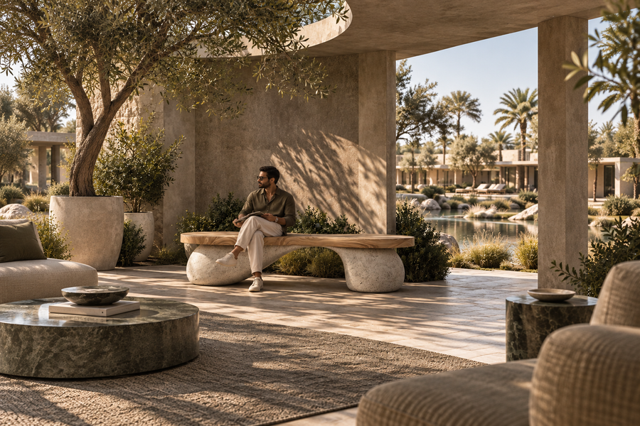 TerraFlow Wood & Stone Bench, shown in a room setting, at full scale