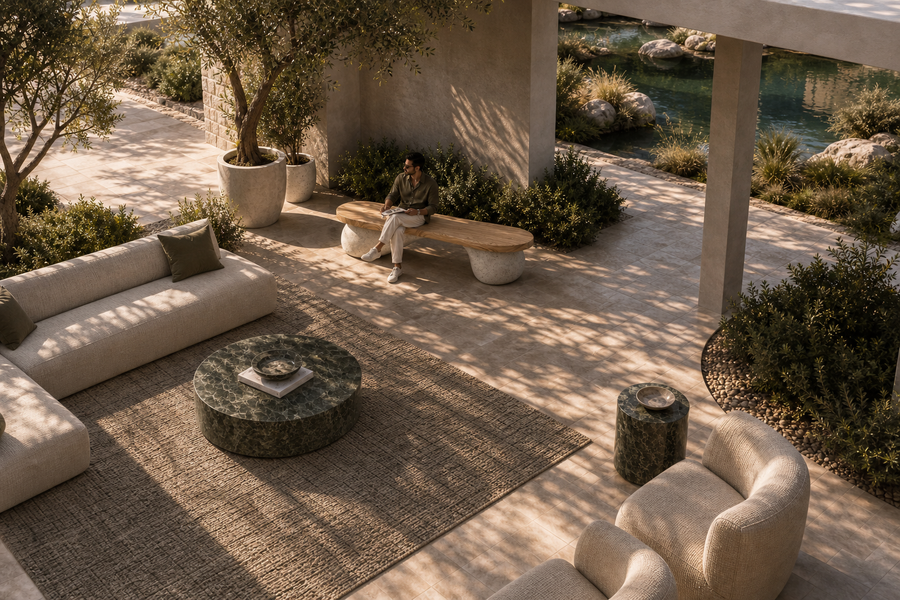 TerraFlow Wood & Stone Bench, overhead view in a room setting