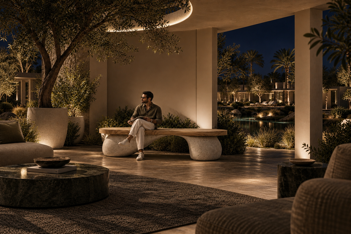 TerraFlow Wood & Stone Bench, in a room setting under evening light