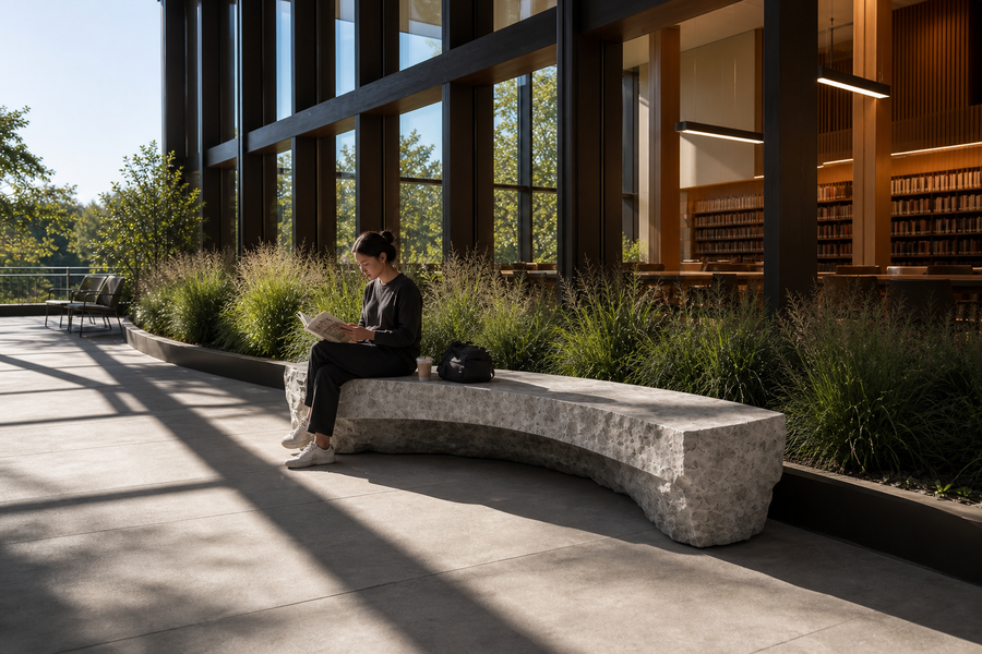 TERRAFORM ARC BENCH III, shown in a room setting, at full scale