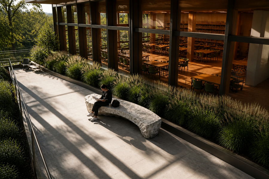 TERRAFORM ARC BENCH III, overhead view in a room setting