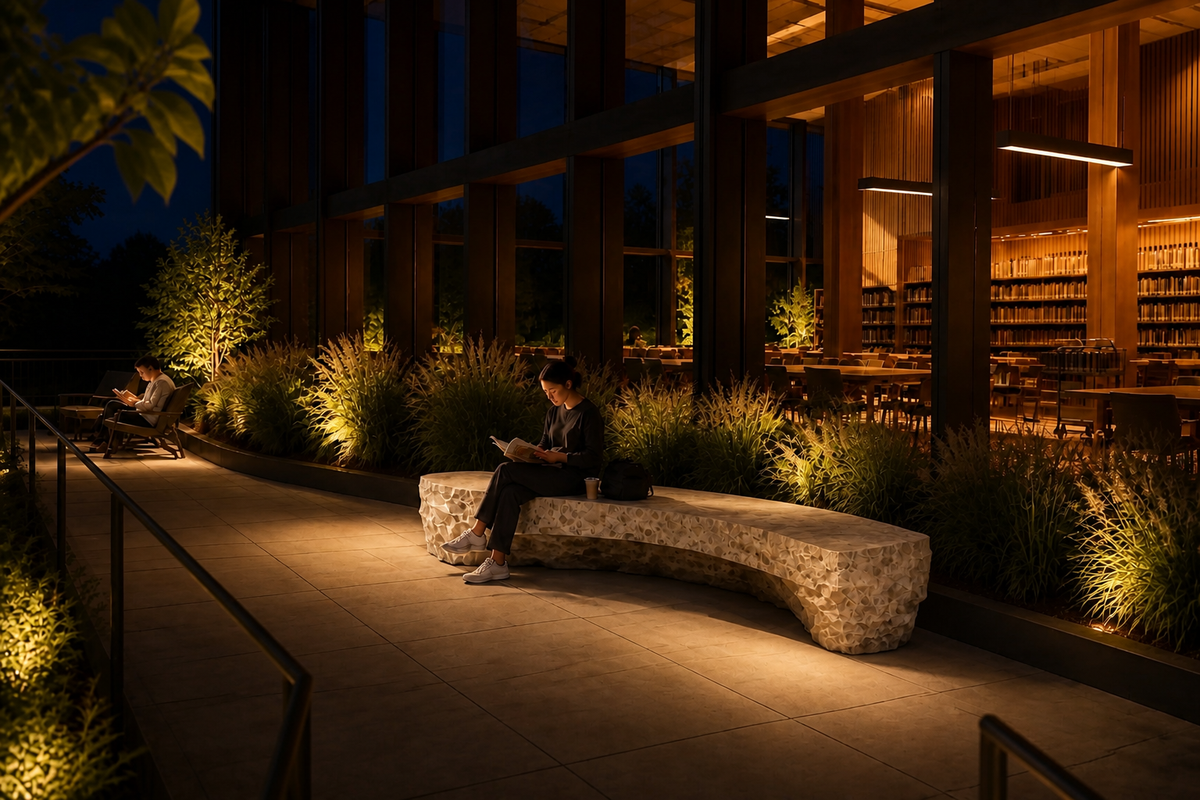 TERRAFORM ARC BENCH III, in a room setting under evening light