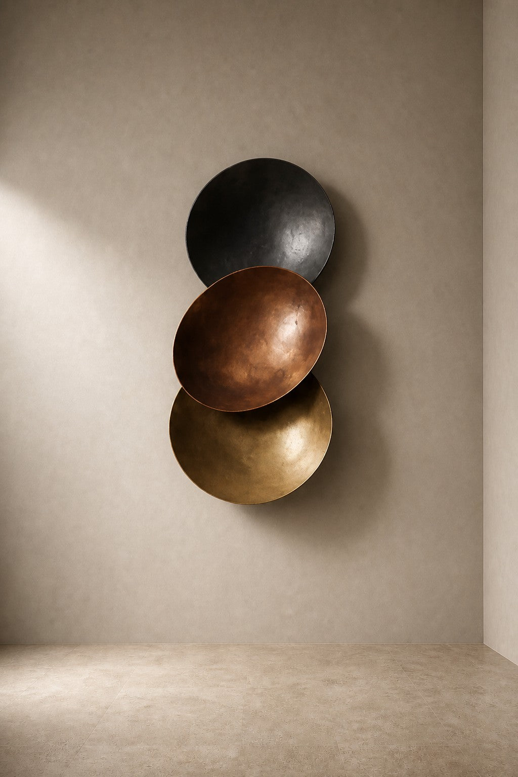 Terzetto — 90 × 150 cm wall sculpture of three stacked bowls in black, copper and gold, three-quarter studio view showing its profile