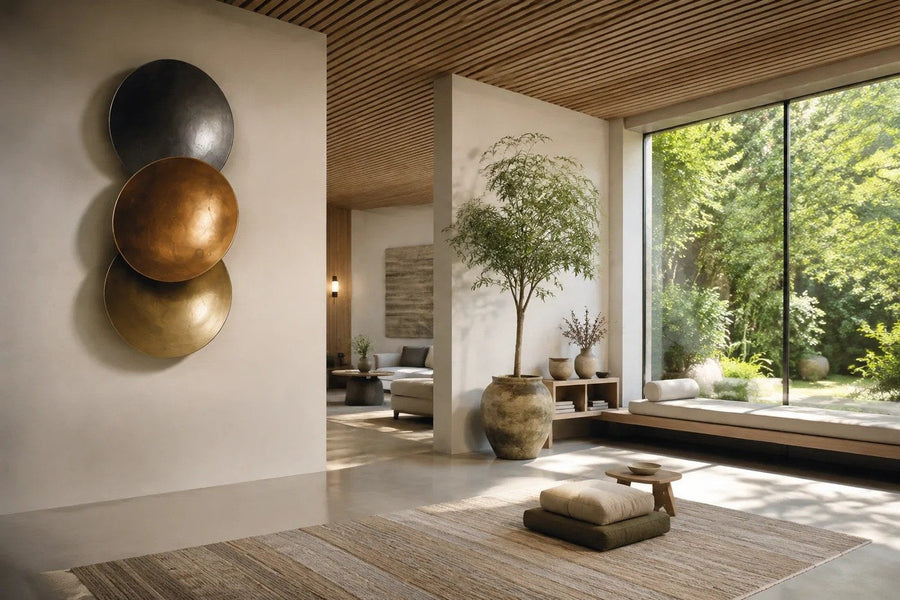 Terzetto — 90 × 150 cm wall sculpture of three stacked bowls in black, copper and gold, placed in a furnished room
