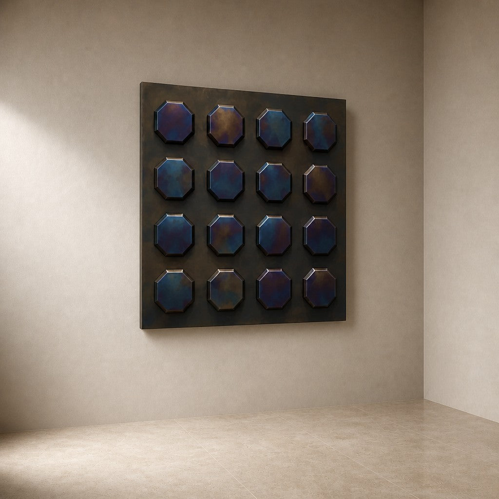 Tessera — 110 × 110 cm dark bronze wall panel of sixteen iridescent tiles in a grid, three-quarter studio view showing its profile