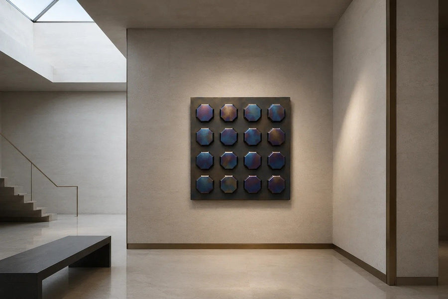 Tessera — 110 × 110 cm dark bronze wall panel of sixteen iridescent tiles in a grid, placed in a furnished room