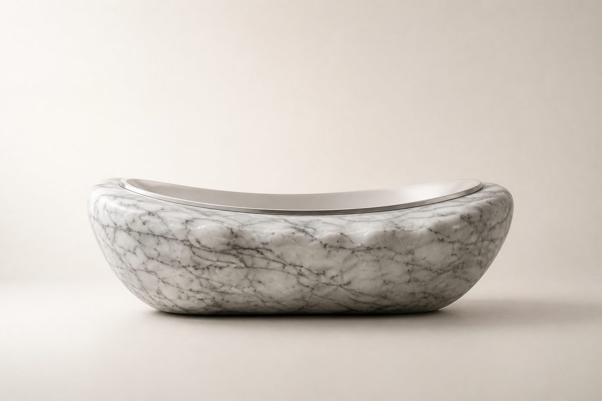 Thalja marble sculptural bench, studio view of the whole piece