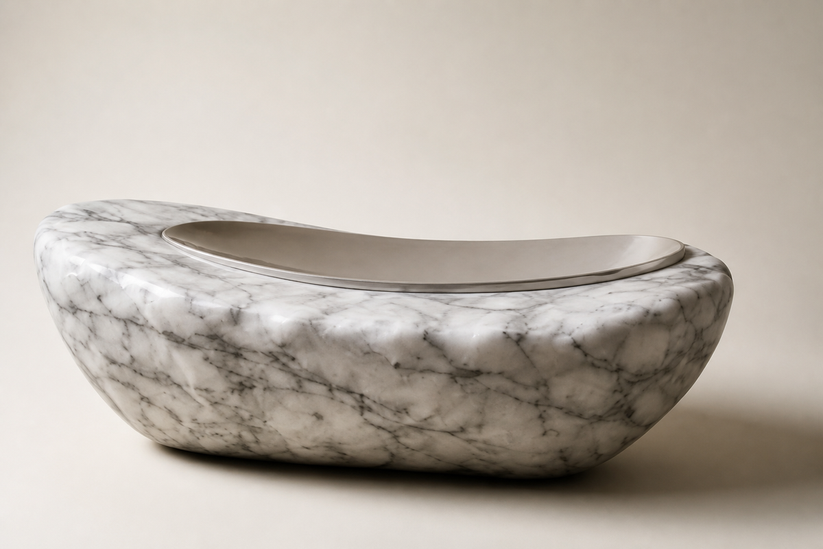Thalja marble sculptural bench, three-quarter studio view showing its profile