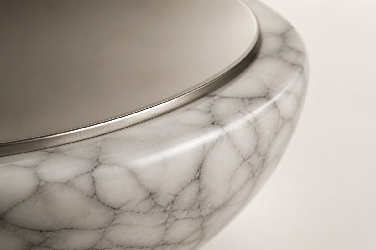 Thalja marble sculptural bench, close studio detail of the surface and material