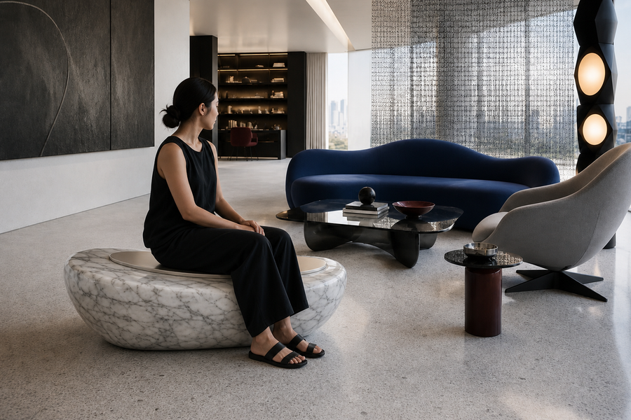 Thalja marble sculptural bench, shown in a room setting, at full scale