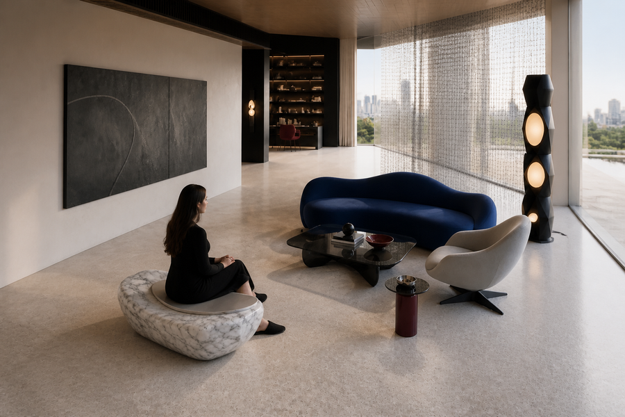 Thalja marble sculptural bench, overhead view in a room setting