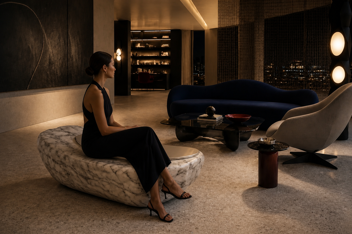 Thalja marble sculptural bench, in a room setting under evening light