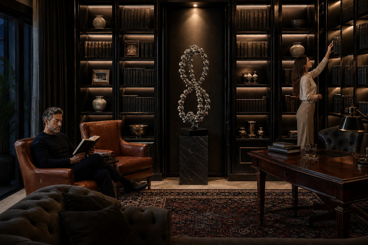 Thuraya — mirror chrome beaded figure-eight sculpture on a black base, the same room at night, lamps on