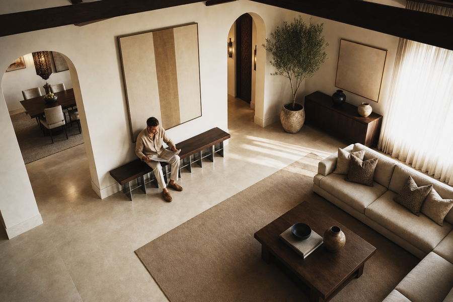 Tomari 240 sculptural bench, overhead view in a room setting
