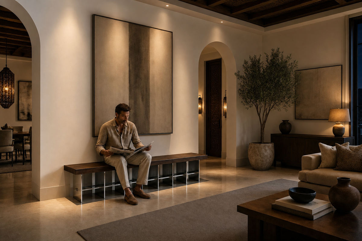 Tomari 240 sculptural bench, in a room setting under evening light