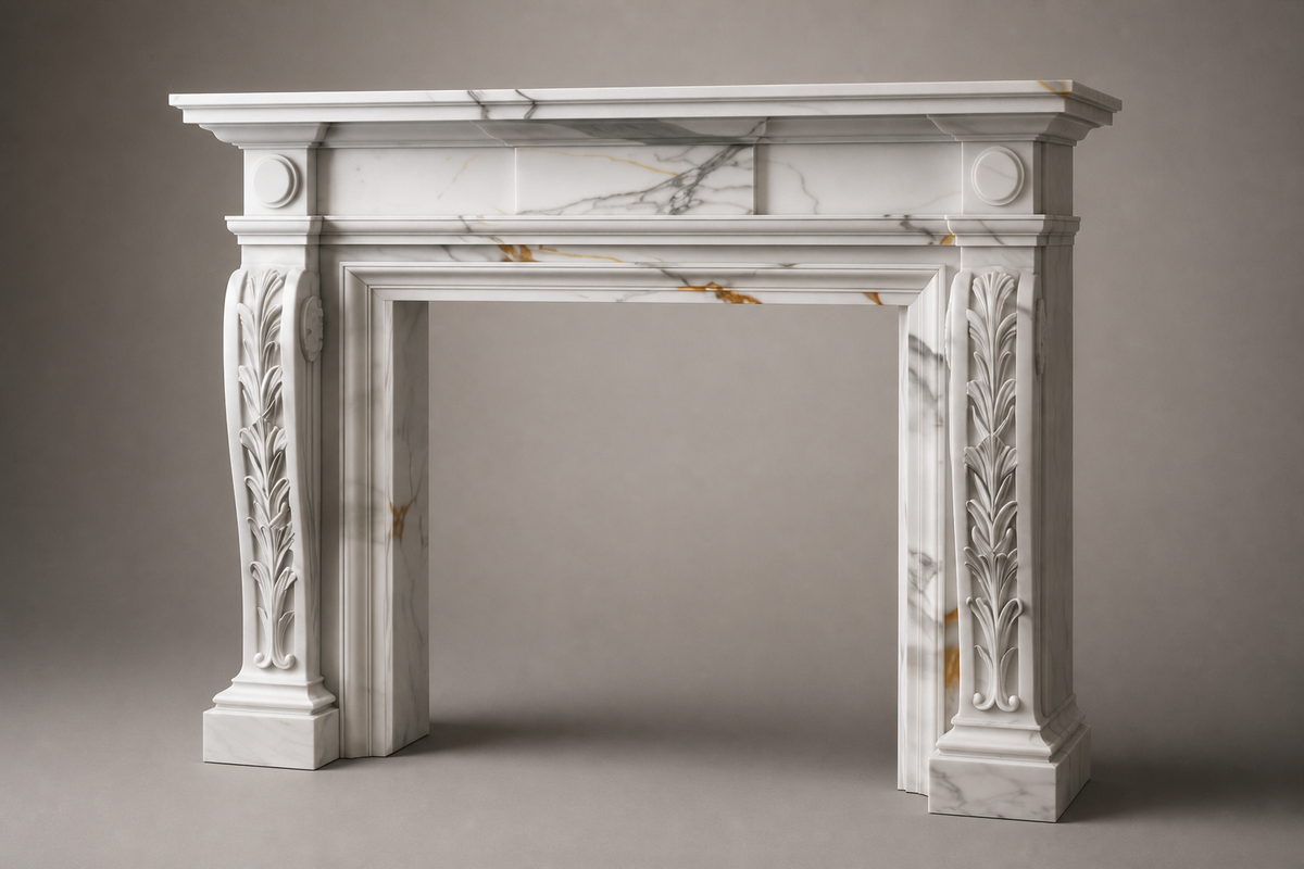 Tomora calacatta fireplace, studio view of the whole piece