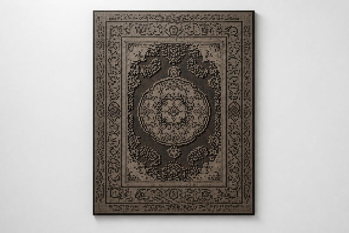 Toranj — bronze stud relief of a Persian carpet with a central medallion, studio front view