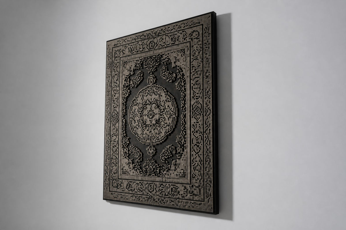 Toranj — bronze stud relief of a Persian carpet with a central medallion, studio side angle showing its depth
