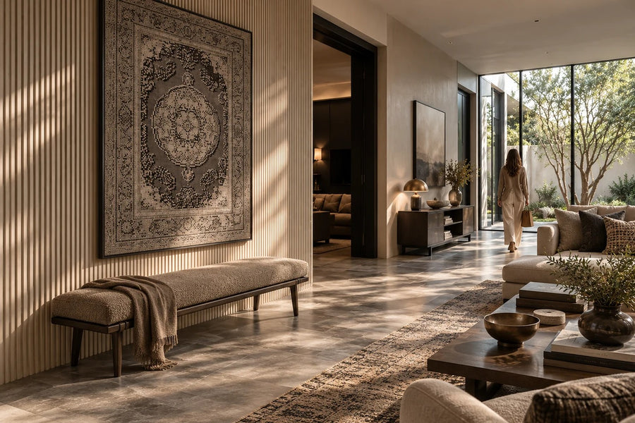 Toranj — bronze stud relief of a Persian carpet with a central medallion, installed on the wall of a furnished room