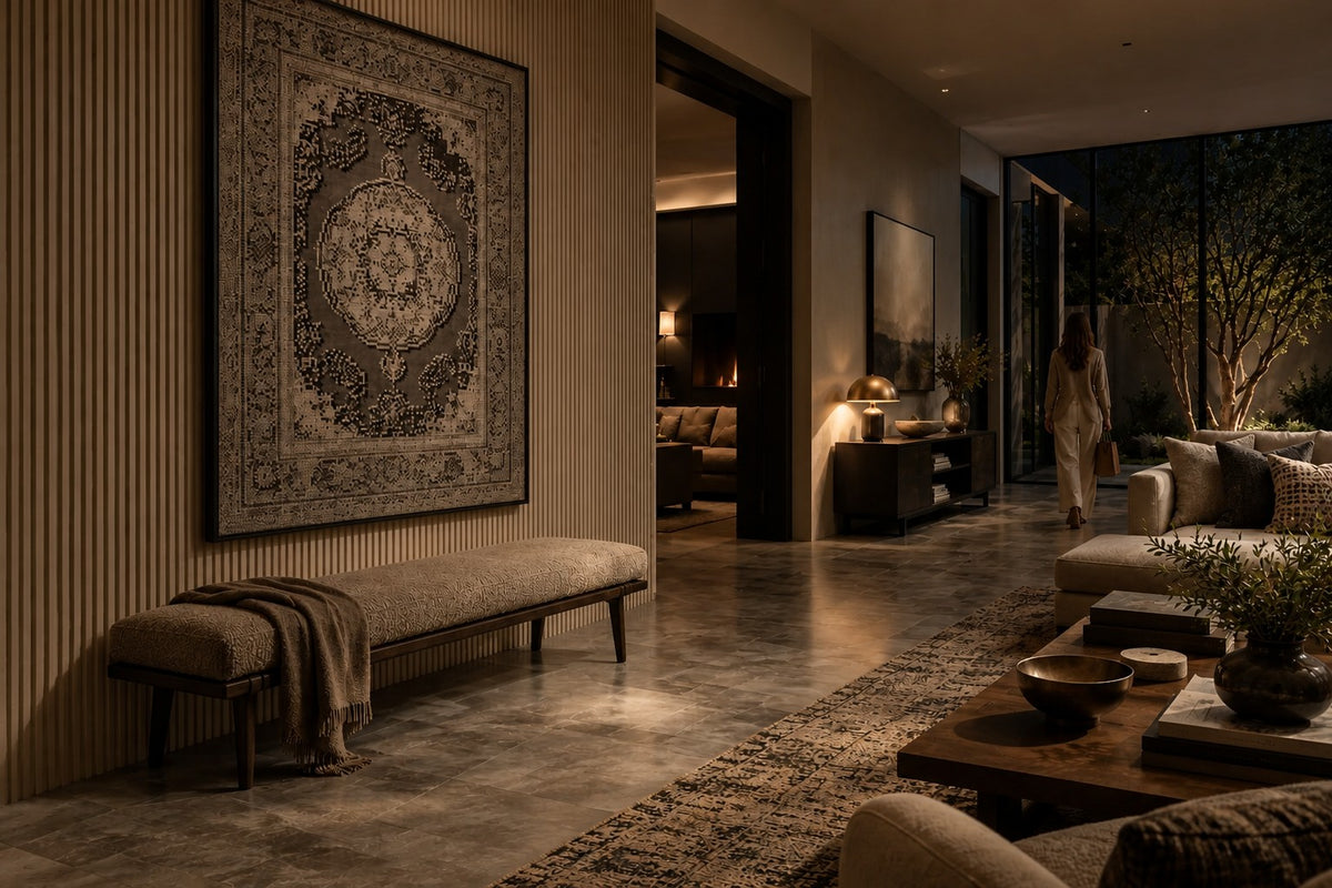 Toranj — bronze stud relief of a Persian carpet with a central medallion, the same room at night, lamps on