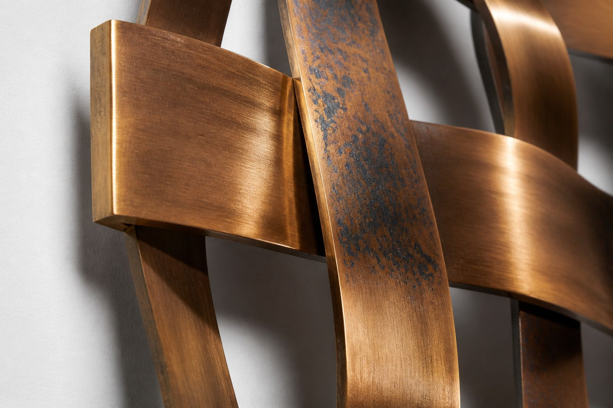 Trama — woven brass strip square wall sculpture, close detail of the surface and edge