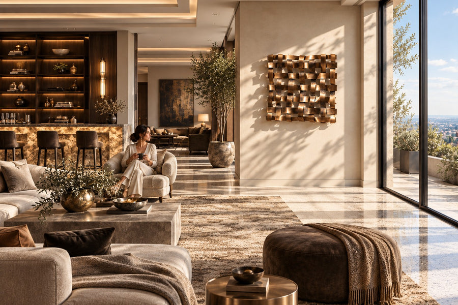 Trama — woven brass strip square wall sculpture, installed on the wall of a furnished room