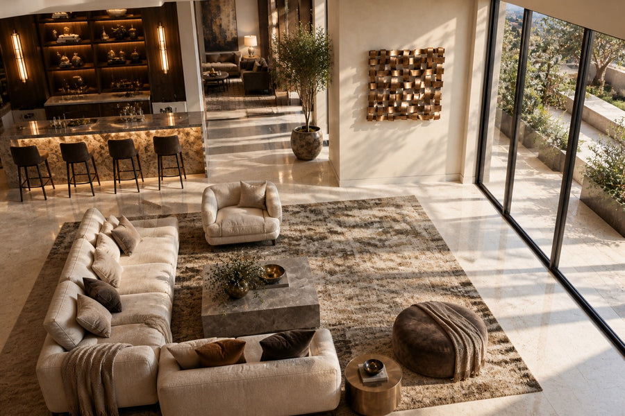 Trama — woven brass strip square wall sculpture, seen from above in the room