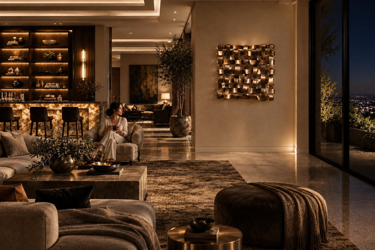 Trama — woven brass strip square wall sculpture, the same room at night, lamps on