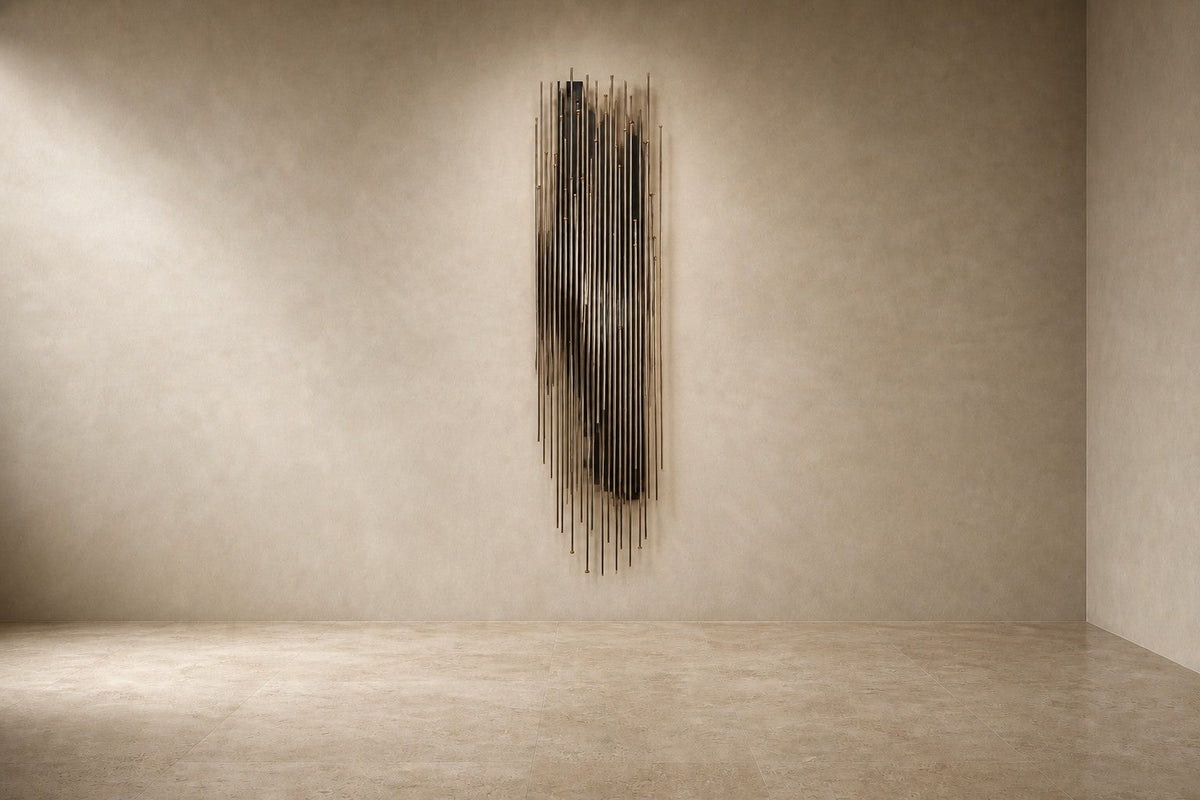 Tratto — 60 × 180 cm vertical cluster of blackened rods with polished brass nodes, studio view of the whole piece