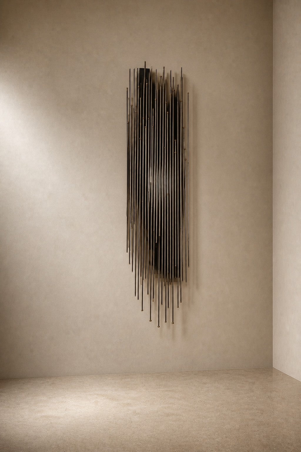 Tratto — 60 × 180 cm vertical cluster of blackened rods with polished brass nodes, three-quarter studio view showing its profile