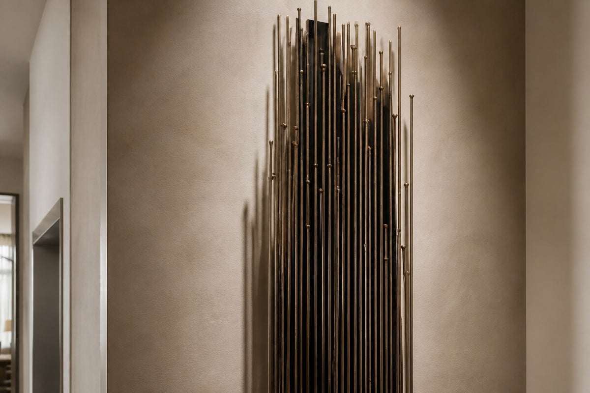 Tratto — 60 × 180 cm vertical cluster of blackened rods with polished brass nodes, close view in the room