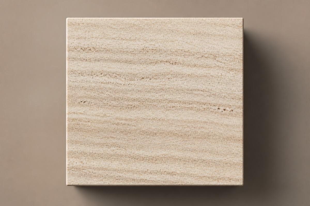 Travertine Pedestal Slim silver travertine plinth base by 1-OPH, overhead view