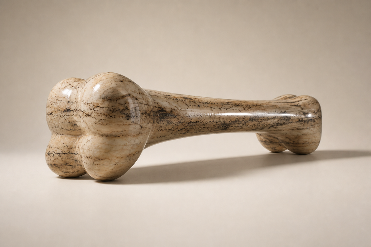 Tregua marble sculptural bench, three-quarter studio view showing its profile