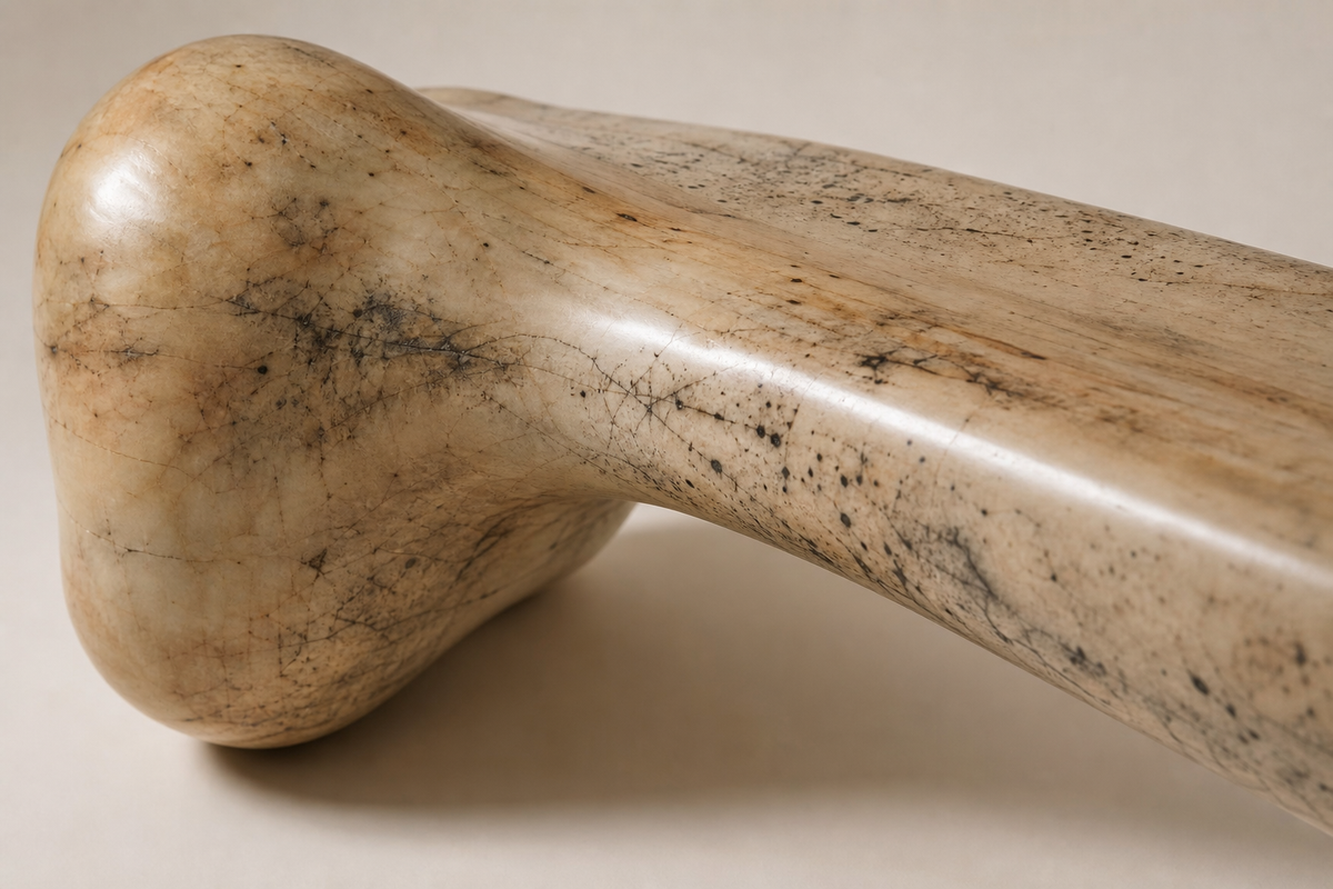 Tregua marble sculptural bench, close studio detail of the surface and material