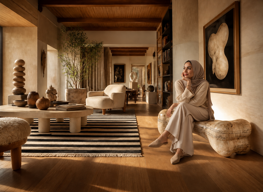 Tregua marble sculptural bench, shown in a room setting, at full scale