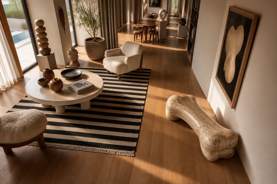 Tregua marble sculptural bench, overhead view in a room setting