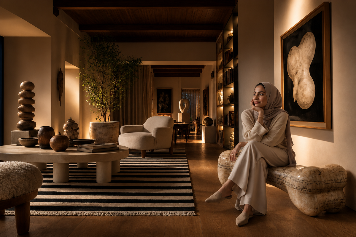 Tregua marble sculptural bench, in a room setting under evening light