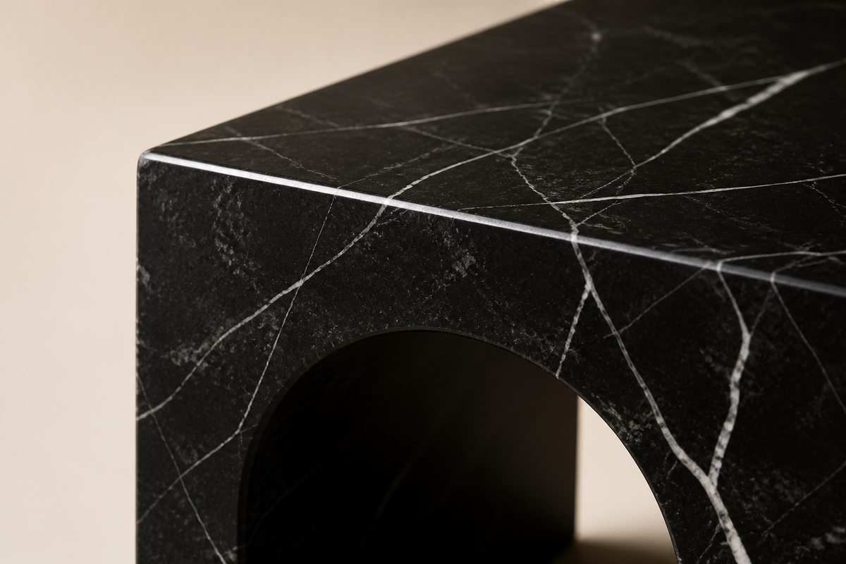 Tri-Arch Monolith Marble Bench, close studio detail of the surface and material