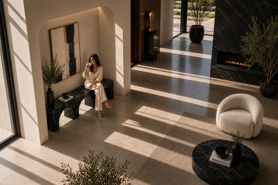 Tri-Arch Monolith Marble Bench, overhead view in a room setting