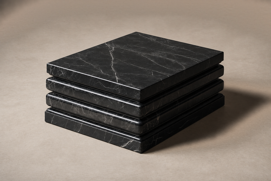 Triple Bullnose Base Square black marble plinth base by 1-OPH, three-quarter studio view