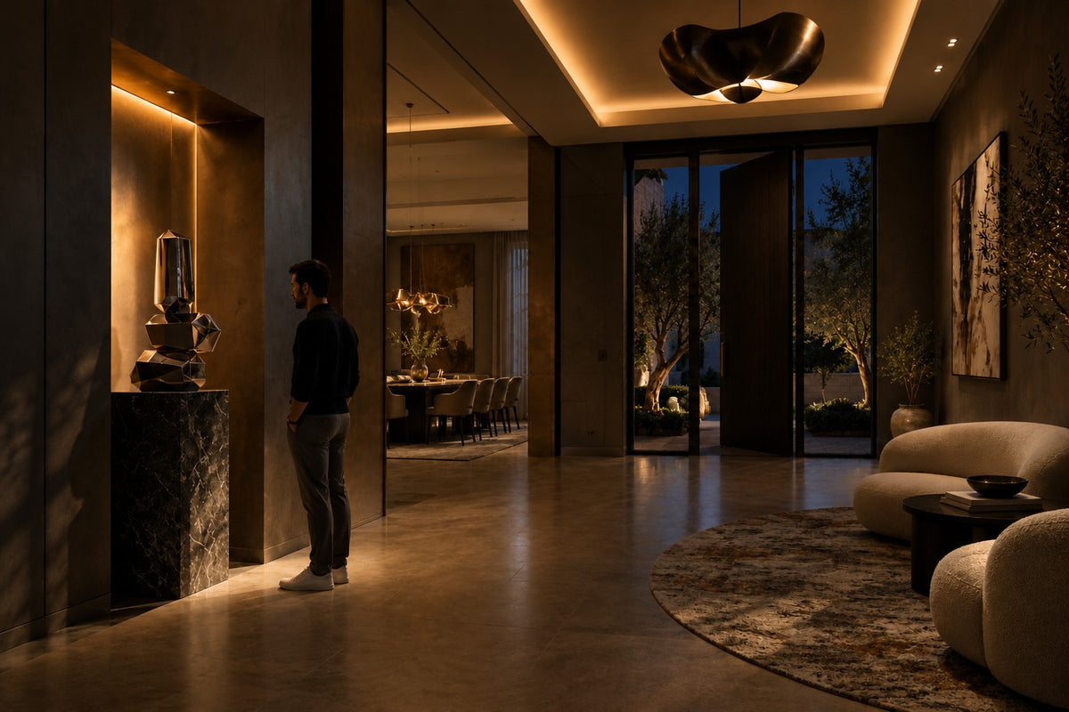 Trongsa — polished bronze faceted stacked sculpture, the same room at night, lamps on