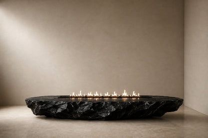 Black basalt fire table Tsukage 220, dense black with fine grey veining, on a pale stone floor.