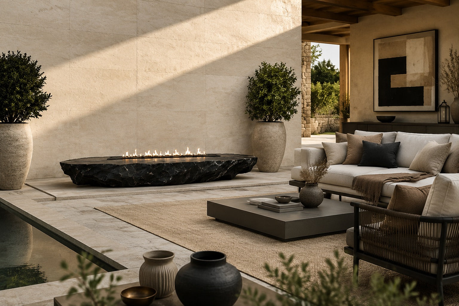 Black basalt fire table Tsukage 220, dense black with fine grey veining, on a pale stone floor.