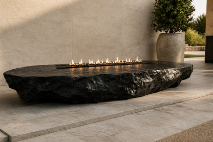 Black basalt fire table Tsukage 220, dense black with fine grey veining, on a pale stone floor.
