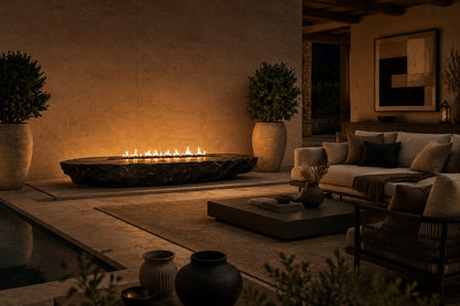 Black basalt fire table Tsukage 220, dense black with fine grey veining, on a pale stone floor.